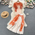 Women's Sets Summer Fashion Short Sleeve Print Tops Pleated Casual Skirt Set American Clothing Wholesale