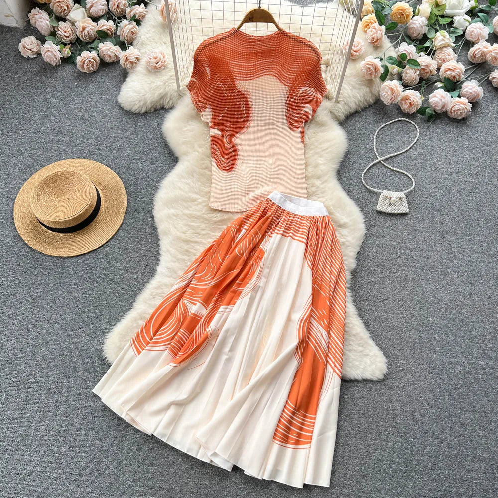 Women's Sets Summer Fashion Short Sleeve Print Tops Pleated Casual Skirt Set American Clothing Wholesale