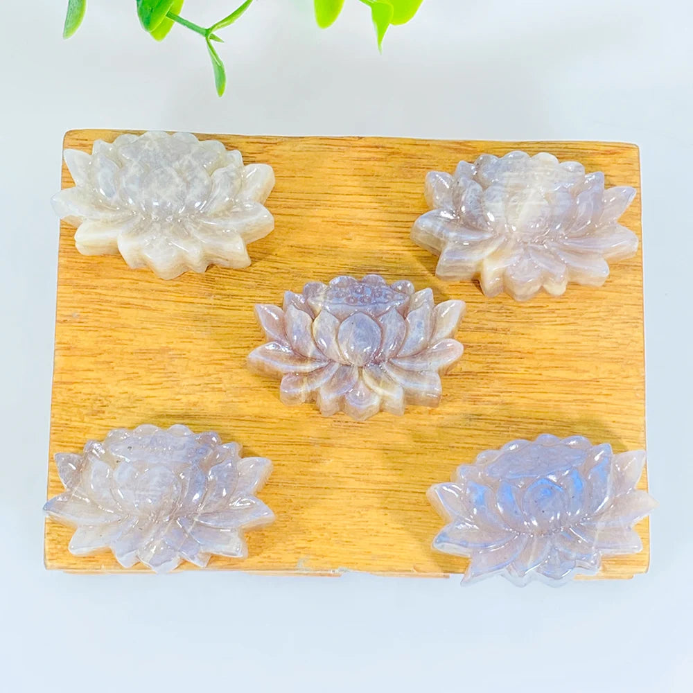 New Arrival Natural Crystal Carvings Key Chains Hand Carved Crystal Crafts Blue Flash Moonstone Lotus for Home Decoration