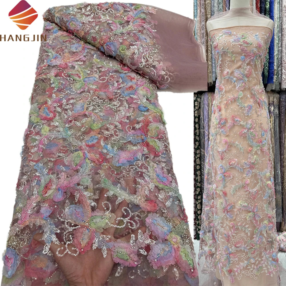 Fashion Elegant 3D Beads Flower French Lace Fabric Floral Applique Embroidered Mesh Lace Sequin Fabric for Bridal Party Dress