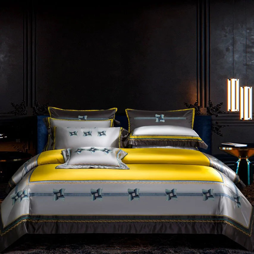 Customized luxury 100% Cotton Yellow Duvet Cover High-quality king Size Embroidery Pillow Cover Home Textile Bedding Set