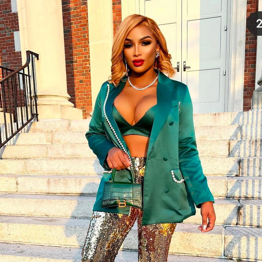 Undefined A7043  Green Satin Blaze and Mini Skirt Set Pearl Decoration Women Suits & Tuxedo Set