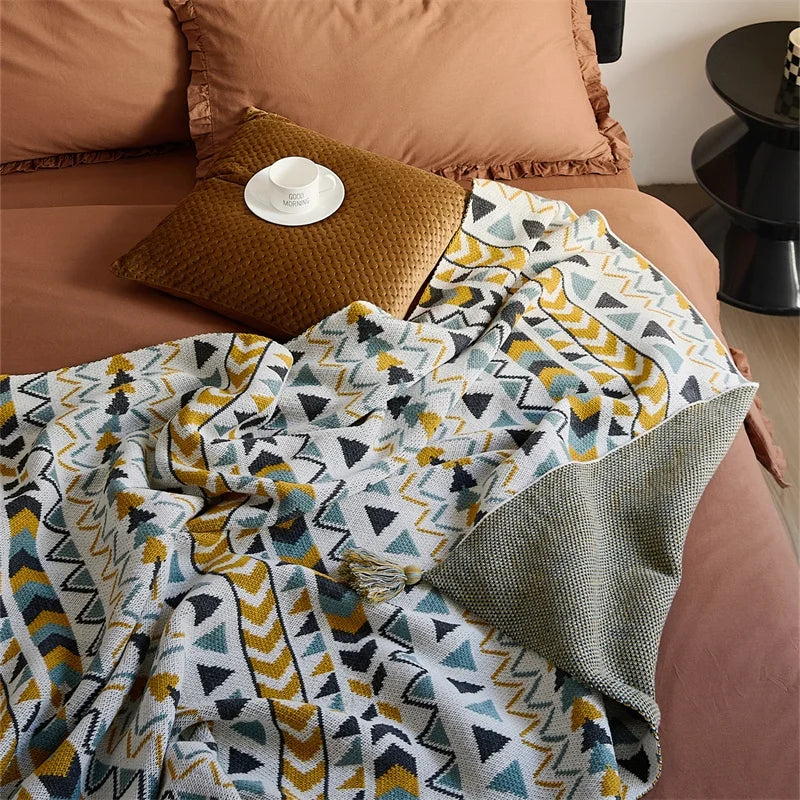 Acrylic Knitted Blanket With Tassel Sofa Cover Jacquard Technics Logo Decorative Style Jacquard Technics Decorative Style BLG