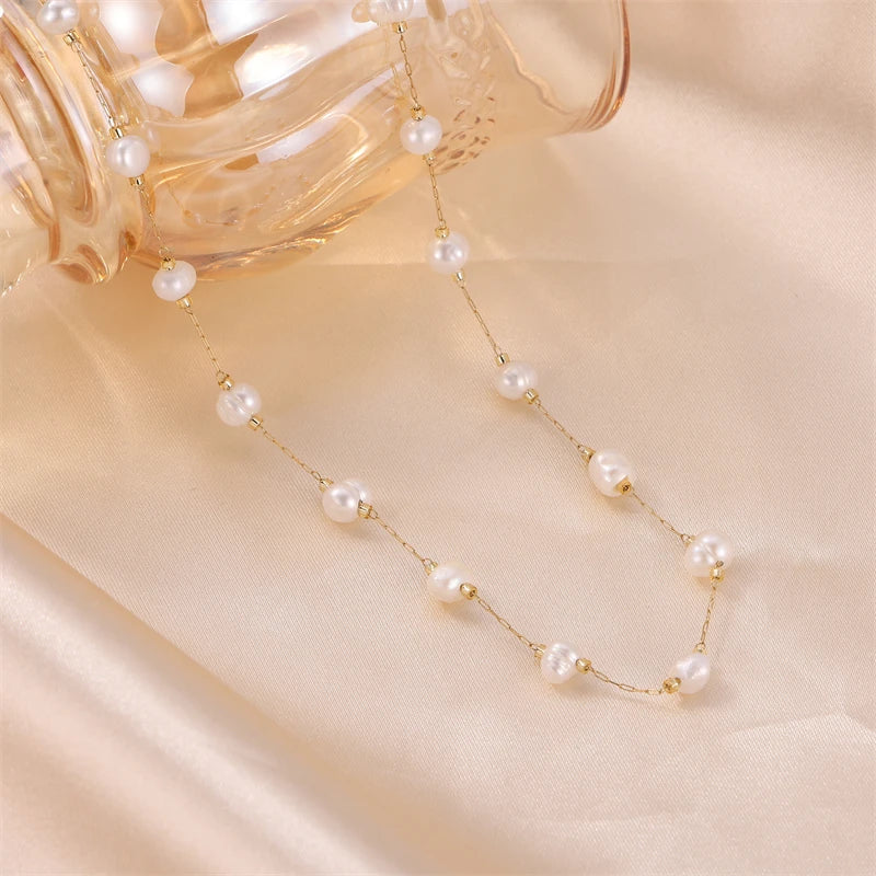 18K Gold Stainless Steel Fresh Pearl Baroque Choker Necklace for Women Long Link Chain with Elegant Style-for Gift Occasions