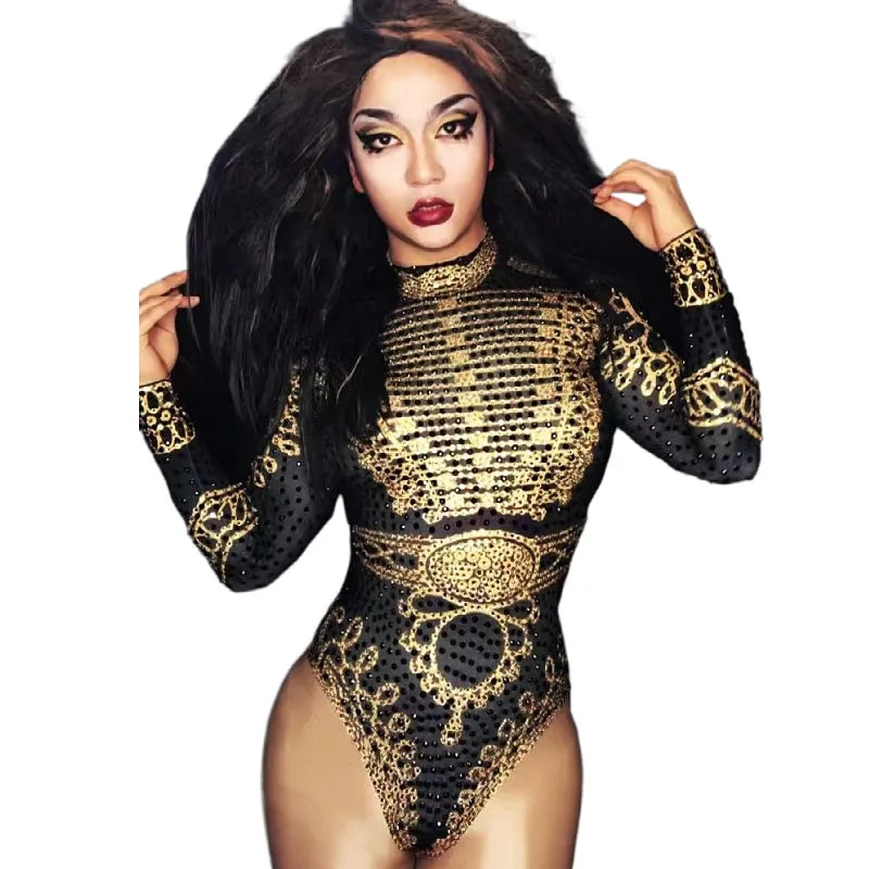 Rhinestones Bodysuit Shiny Elastic Tights Black Red Military Sexy Singer Dancer Leotard Stage Costume Club Party Playsuits