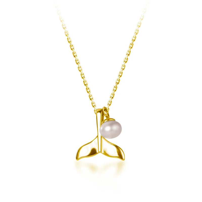 Simple & Trendy 925 Sterling Silver Whale Tail Clavicle Necklace Gold Plated Natural Baroque Pearl Ocean Fish Tail for Weddings