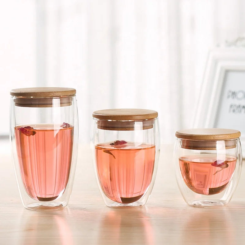 High Borosilicate Glass Heat-insulated Double Wall Glass Cup for Hot Coffee and Tea with Bamboo Lid MegaBDM
