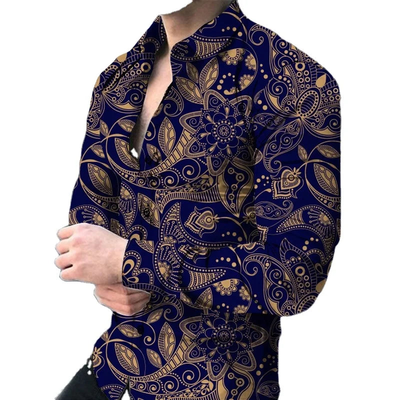 New Arrival Top Fashion Long-Sleeved Professional Casual Shirt for Men Turn-down Collar Floral Printed XL 100% Polyester