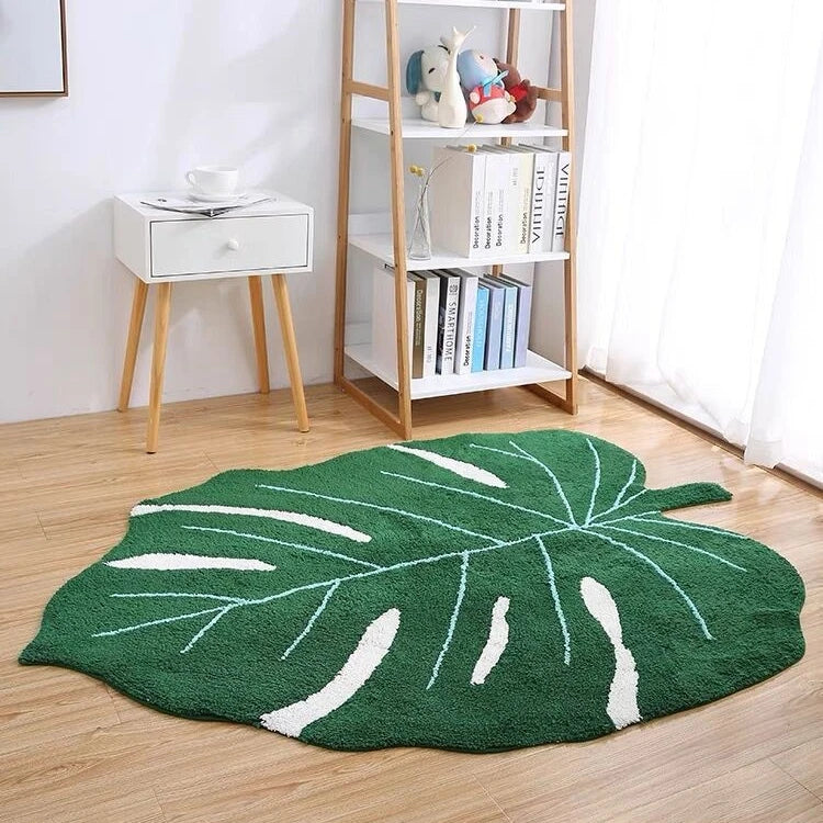 Ins Shaggy Fluffy Washable Bedroom Printed Small Green Leaf Rug