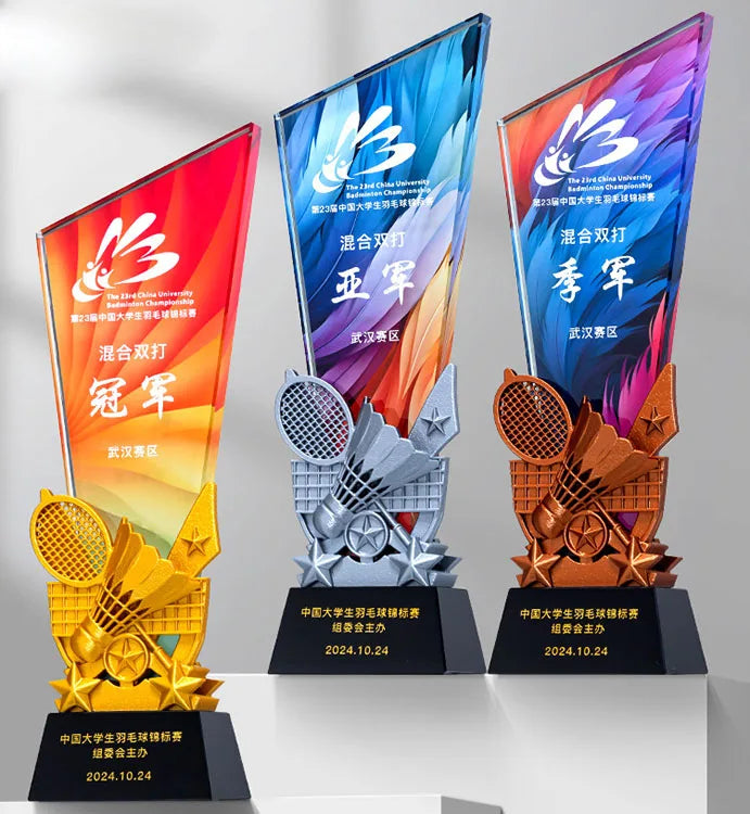 2025 New Design 3D Print Gold Silver Bronze Badminton Crystal Glass Awards Trophy MH-J0409-B