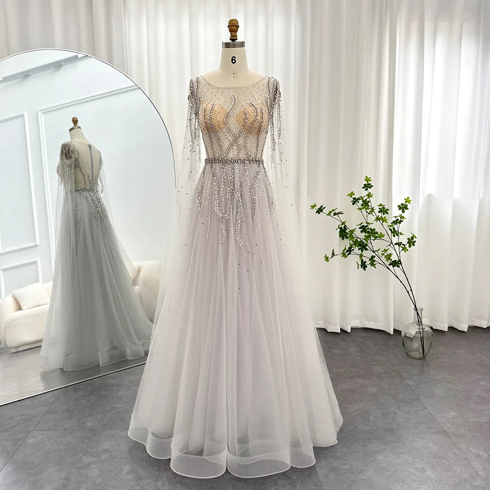 Scz118 Elegant Silver Dubai Evening Dress for Women Wedding Party  Sleeve Luxury Beaded Arabic Formal Prom Dresses
