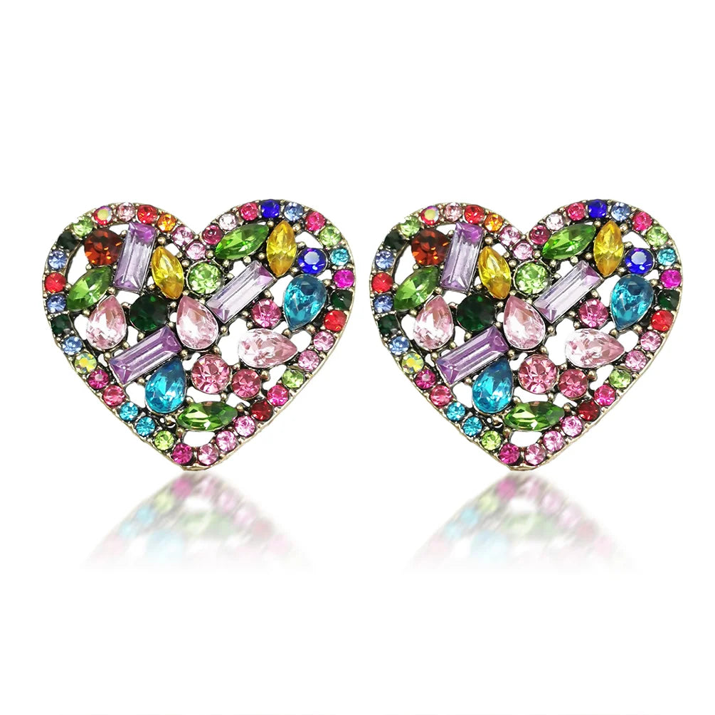 Colorful Sparkling Rhinestone Heart Stud Earrings Lovely Small Crystal Heart Shape Earrings Fashion Jewelry for Women