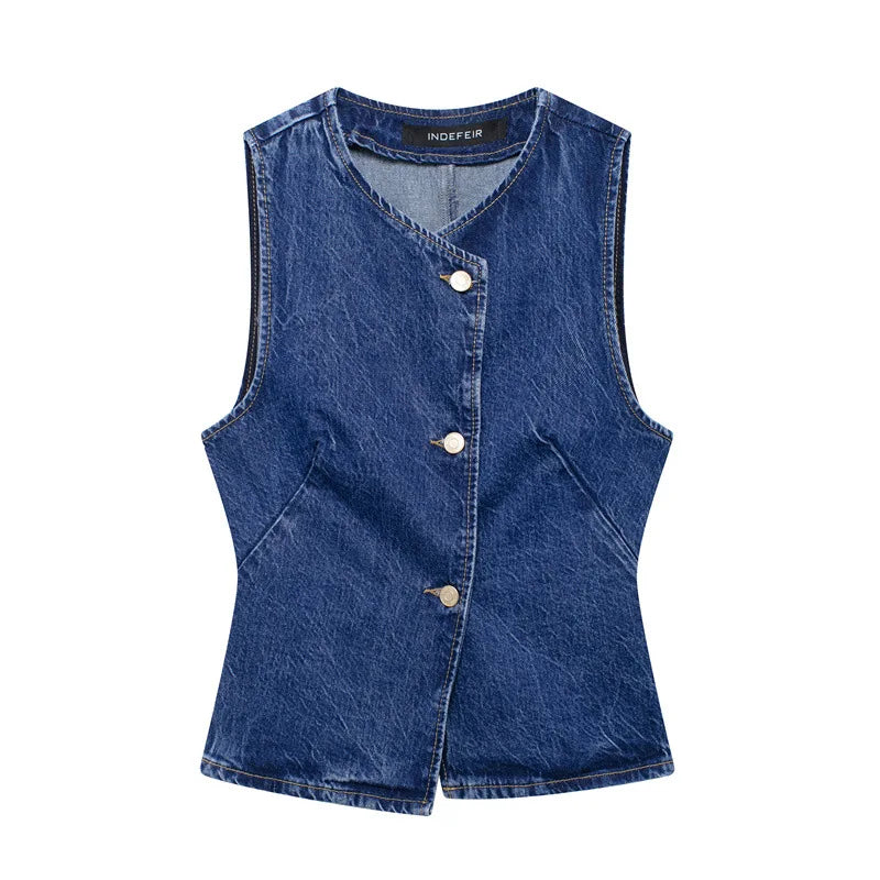 2025 Summer Girls Denim Suit New Fashion Casual Denim Women Pants Suit Handsome Women Denim Vest