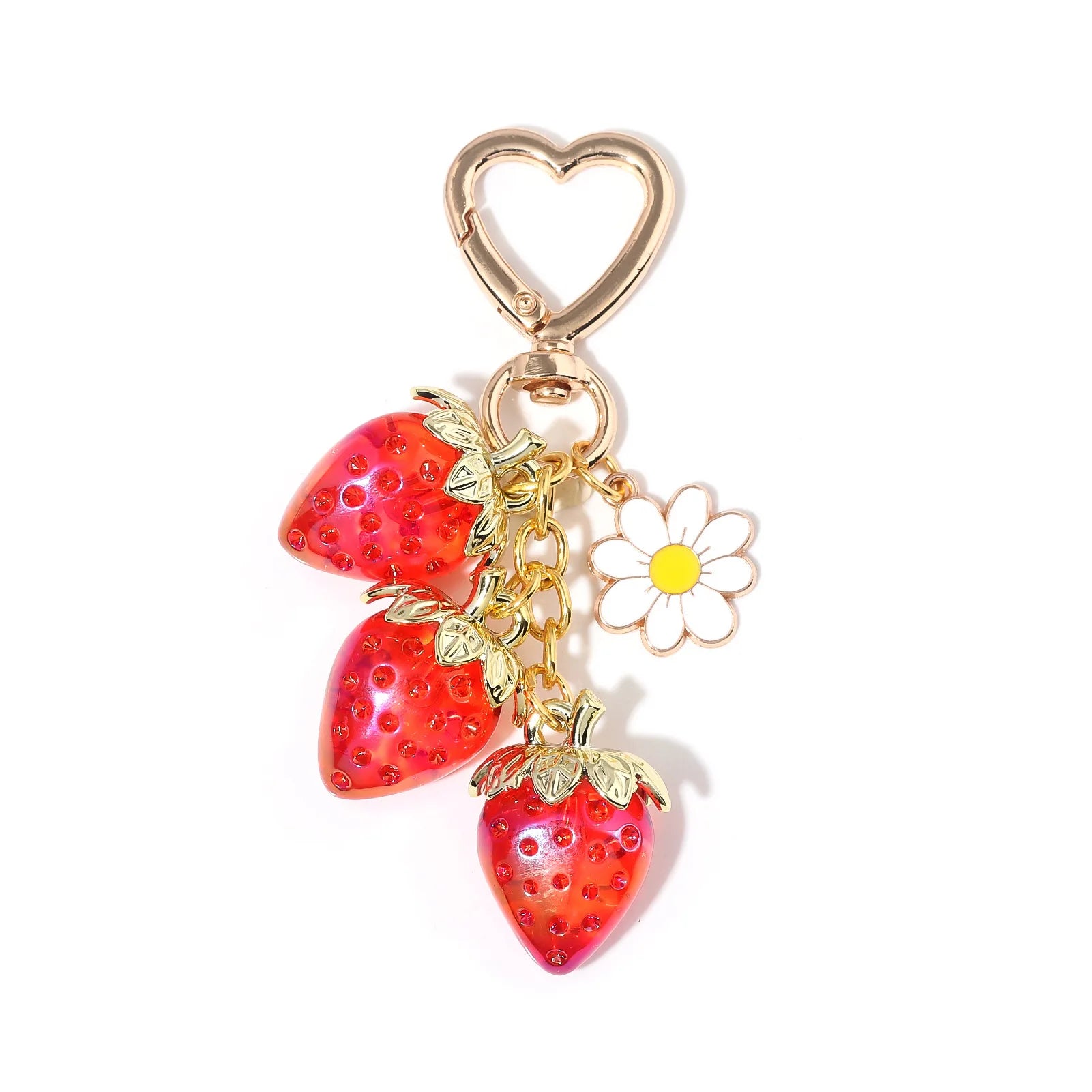 Cute Fruit Strawberry Keychain Charm Heart Flower Daisy Three Red Crystal Strawberry Keychains for Women Bag Charms Jewelry Gift