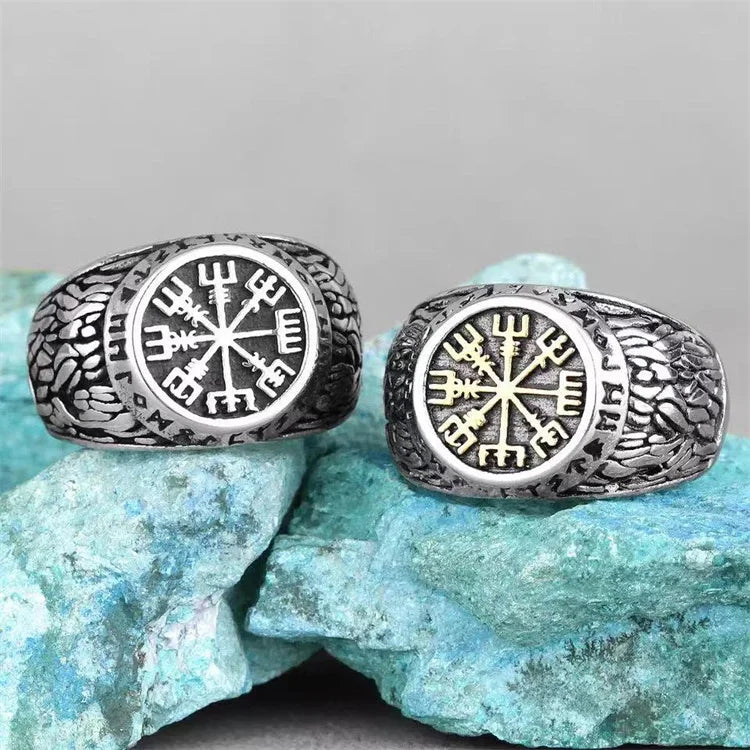 Nordic Viking Rings Greek Letter Stainless Steel Compass Gold Plated Signet Ring Men