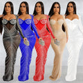 New Women's Clothing Style Night Party Dresses Fashionable Women's Hot Diamond Mesh Sheer Long Sleeve Maxi Evening Dress