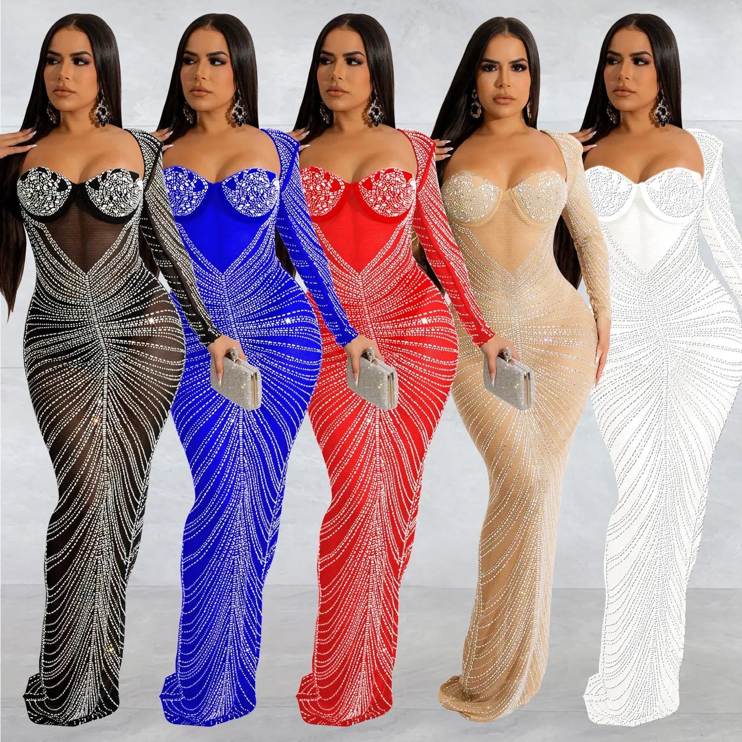New Women's Clothing Style Night Party Dresses Fashionable Women's Hot Diamond Mesh Sheer Long Sleeve Maxi Evening Dress