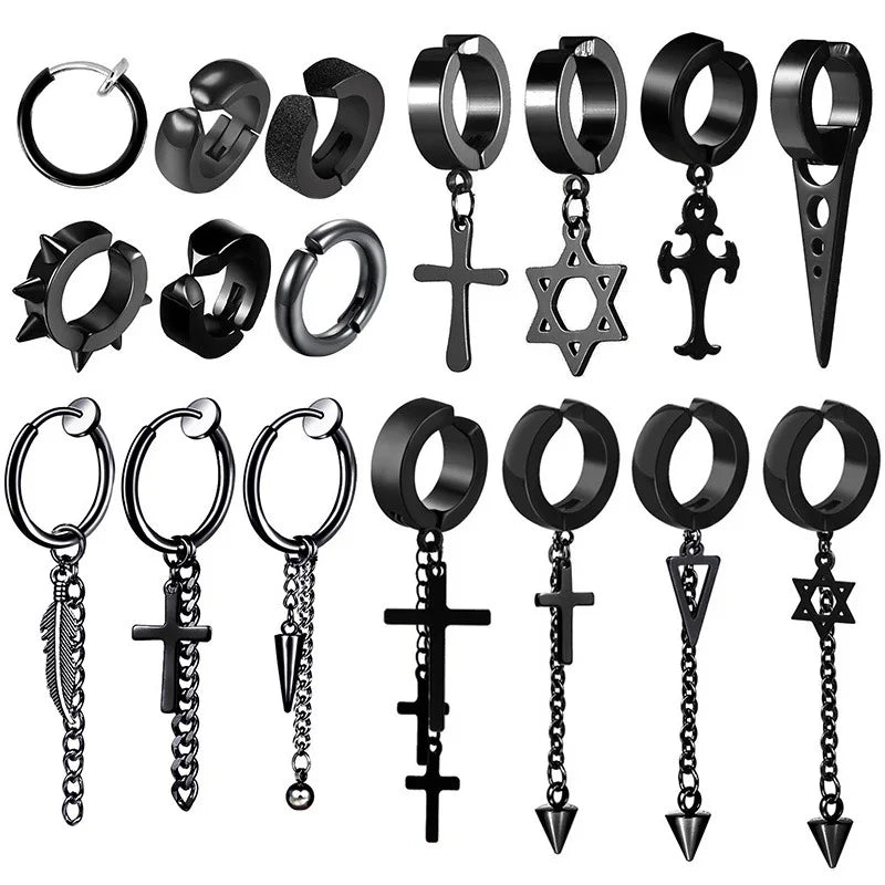 New Fashion Popular Stainless Steel Hip Hop Black Earrings Piercing Punk Combination Jewellery for Men Women Jewelry