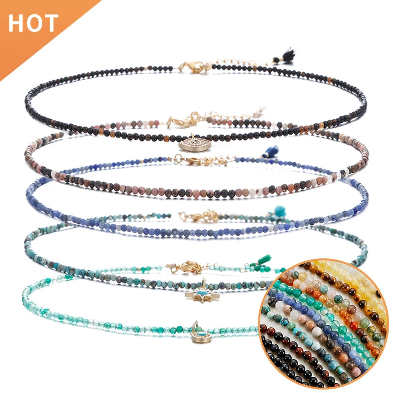 Handmade Collares Tiny 2MM Smooth Round Small Evil Eye Semi-Precious Long Natural Gemstone Beaded Choker Necklace