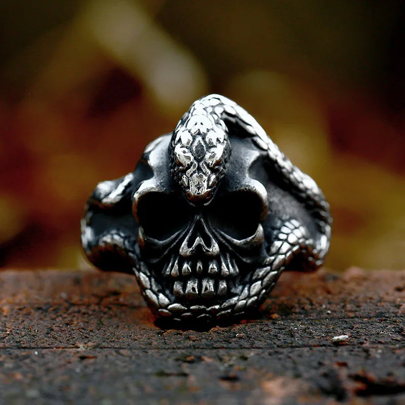 OAHLAN Fashion Jewelry Punk Biker Rings Silver Black Snake Skull Stainless Steel Rings for Men Boys Party Gift Size 7-13