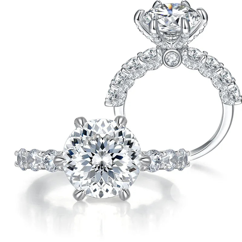 Moissanite Ring 925 Silver Sterling White Gold Plated Certificate Portuguese Cut Round 5 Carat Moissanite Diamond Ring