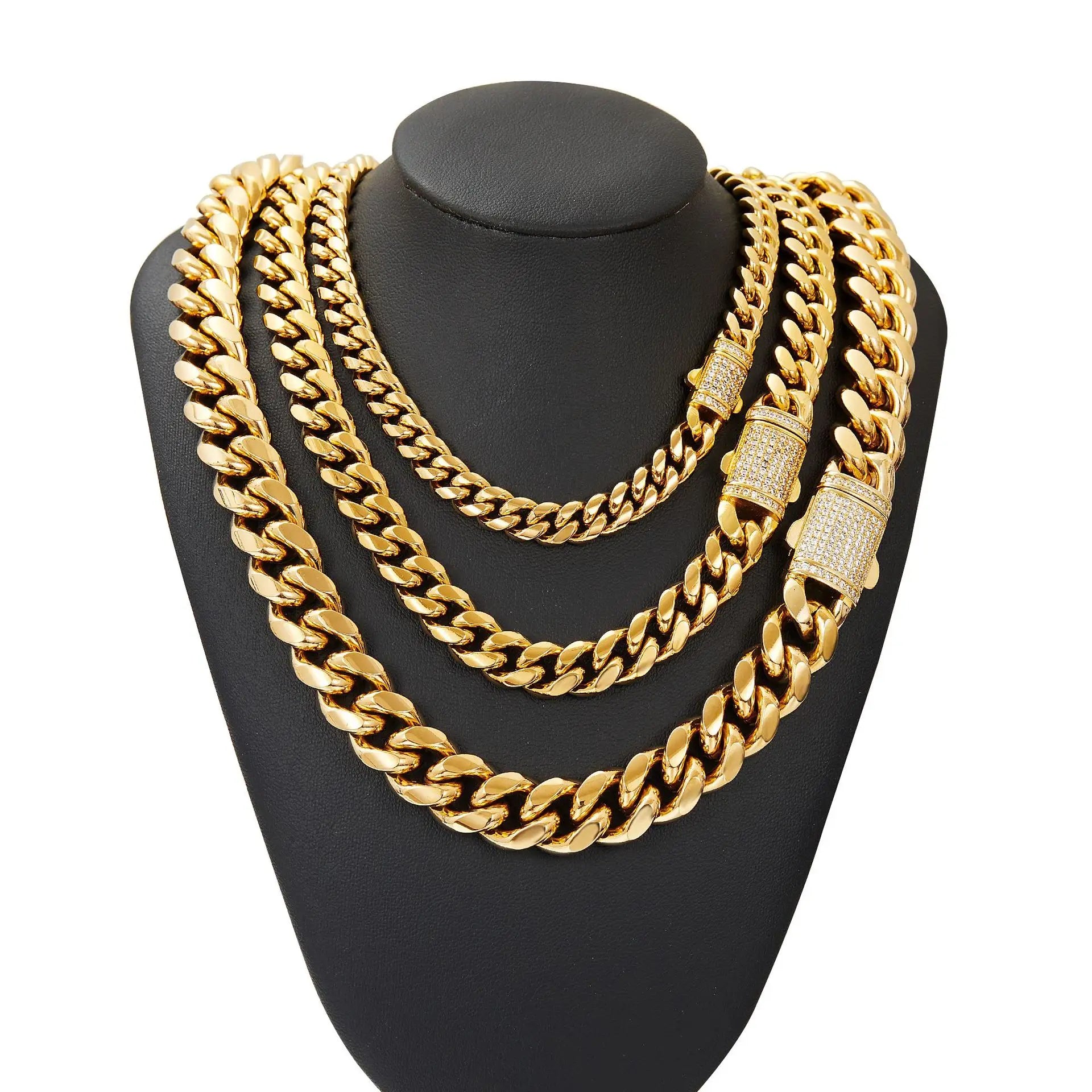 6MM 8MM 10MM 12MM 14MM 18k Gold Plated Stainless Steel Cz Clasp Cuban Link Chain Necklace