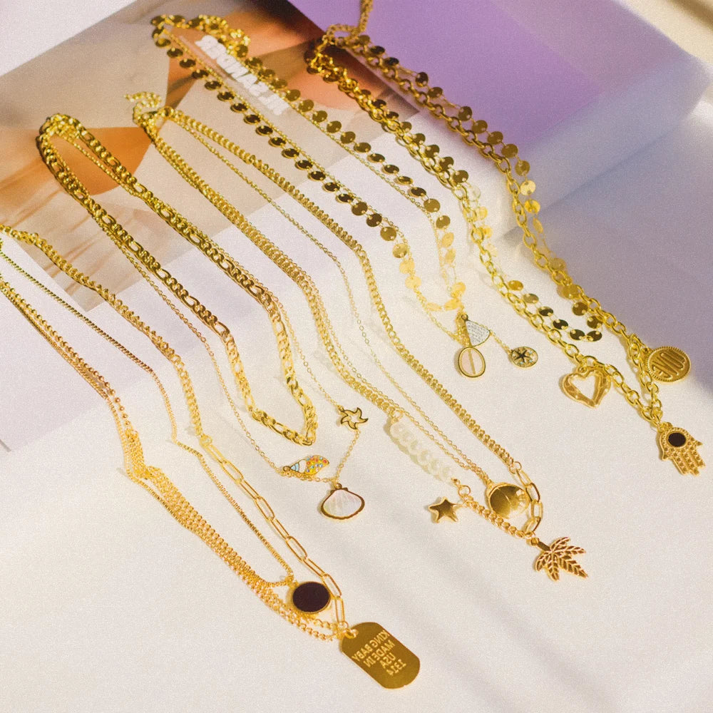 Non Tarnish Fashion Jewelry Wholesale Customized Stainless Steel Necklace Waterproof 18K Gold Plated Layered Pendant Necklace