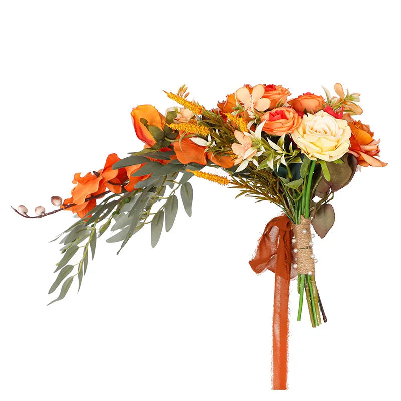 Wholesale Orange Artificial Flower for Wedding Decoration Bride Artificial Rose Flowers Flower Bouquet Rose Valentines
