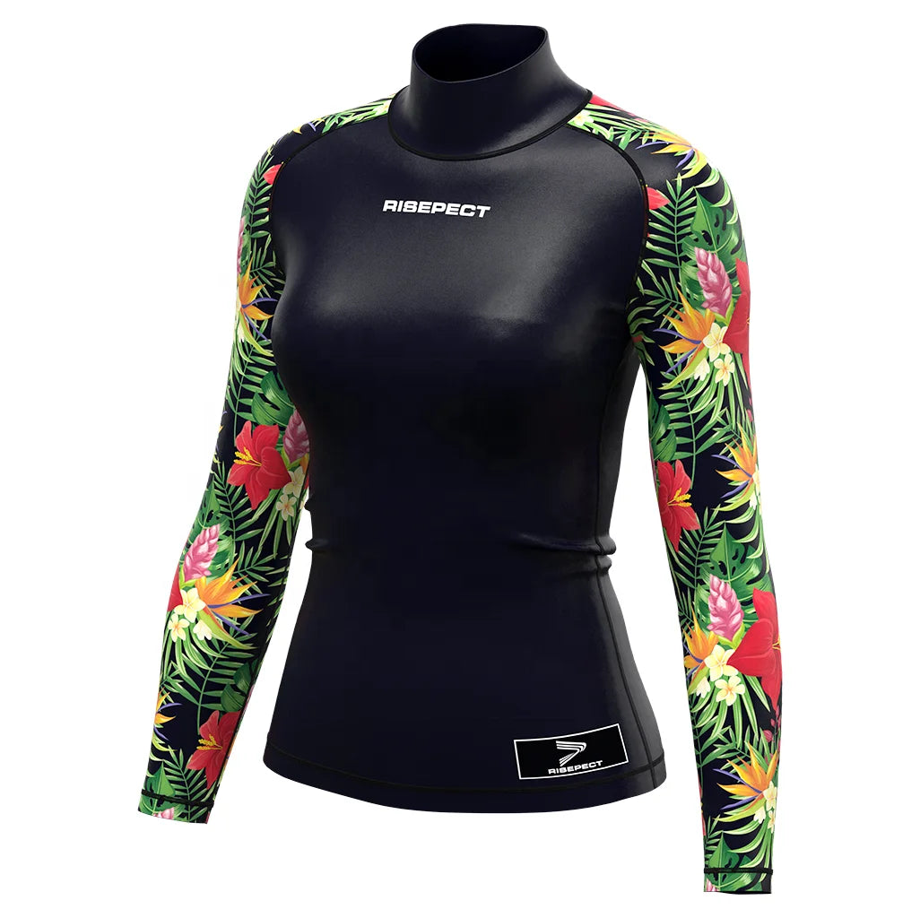 Flower Diving Black Surf Swimsuit Swim Wear Long Sleeve Rash Guard for Womens Rash Guards