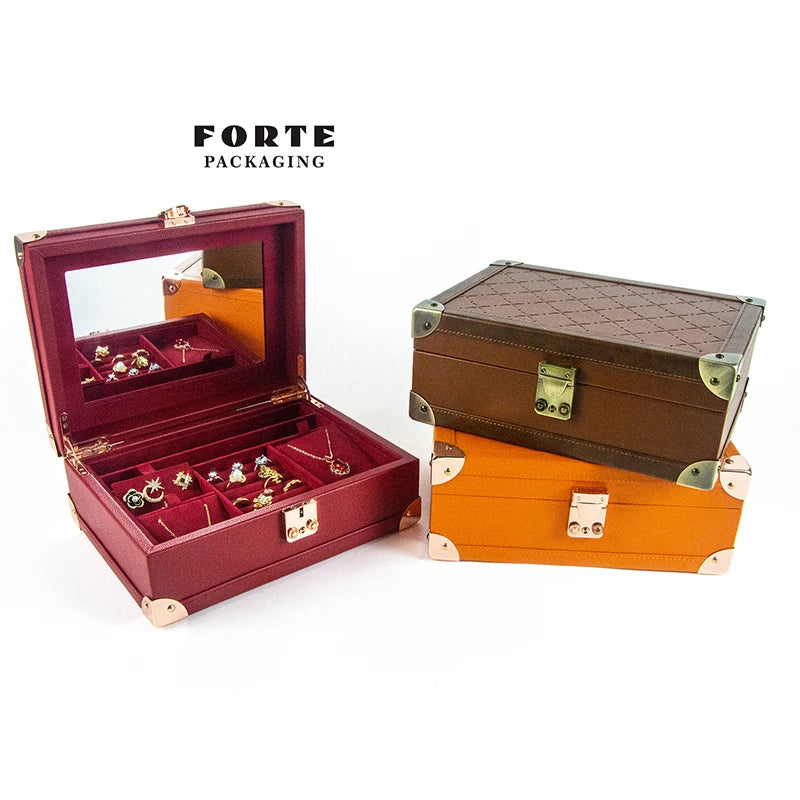 FORTE Stock Jewelry Travel Box PU Leather Organizer Case with Metal Corner Guard and Mirror for Jewellery Storage