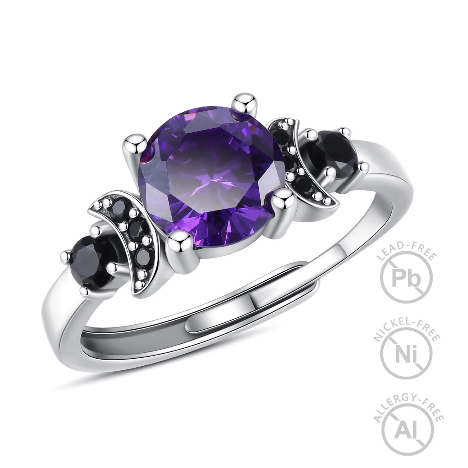 Fashion Rings 925 Sterling Silver Purple Cubic Zirconia Jewelry Triple Moon Goddess Ring for Women