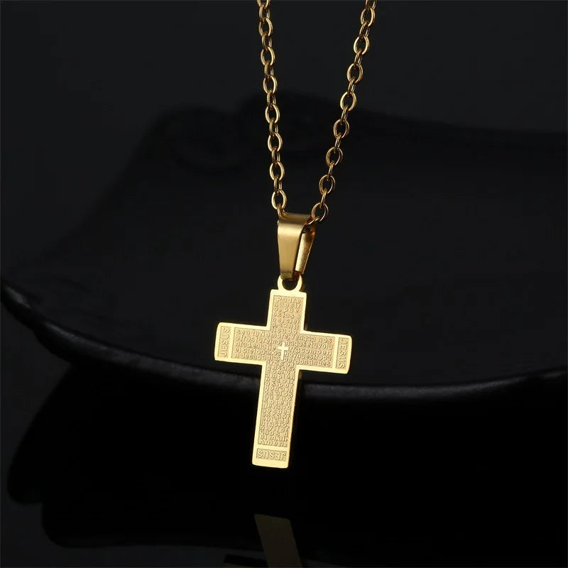 18k PVD Gold Plating Stainless Steel Heart Cross Shape Medal Necklace Religious Pendant Chain with Prayer