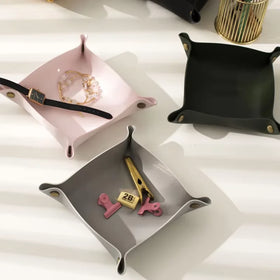 Custom Logo PU Leather Storage Tray Desktop Decorative Jewelry Key Coin Dice Organizer Tray Gift Tray for Wedding