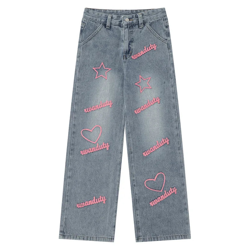 High Waist Straight Fashion Hip Hop Casual Jeans for Men Button Detail Stonewashed Finish Breathable Summer/Autumn/Winter/Spring
