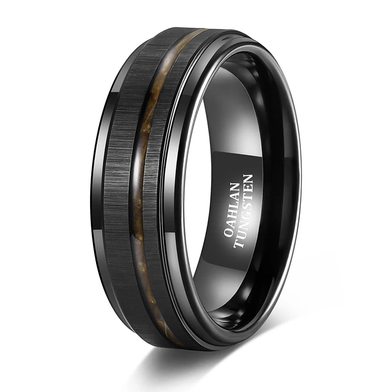 OAHLAN Fashion Jewelry Non-Fading 8mm Black Plated Brushed Wood Inlay Tungsten Carbide Rings for Men Wedding Engagement