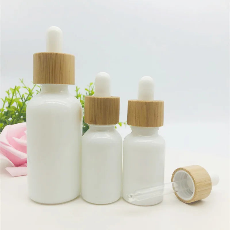 Wholesale Bamboo Top White Porcelain Dropper Bottles 10ml 15ml 30ml 50ml 100ml Essential Oil Container