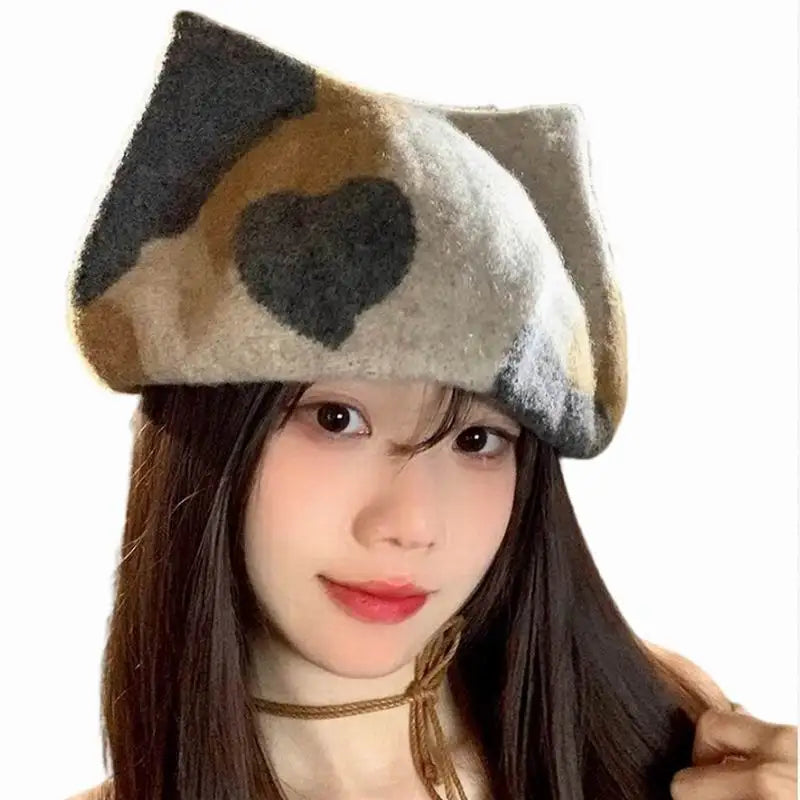 Custom logo Fashion Girl Woman Cat Ear Tail Berets Artist Painter Hat Adult Adjustable French 100% Wool Beret Hat