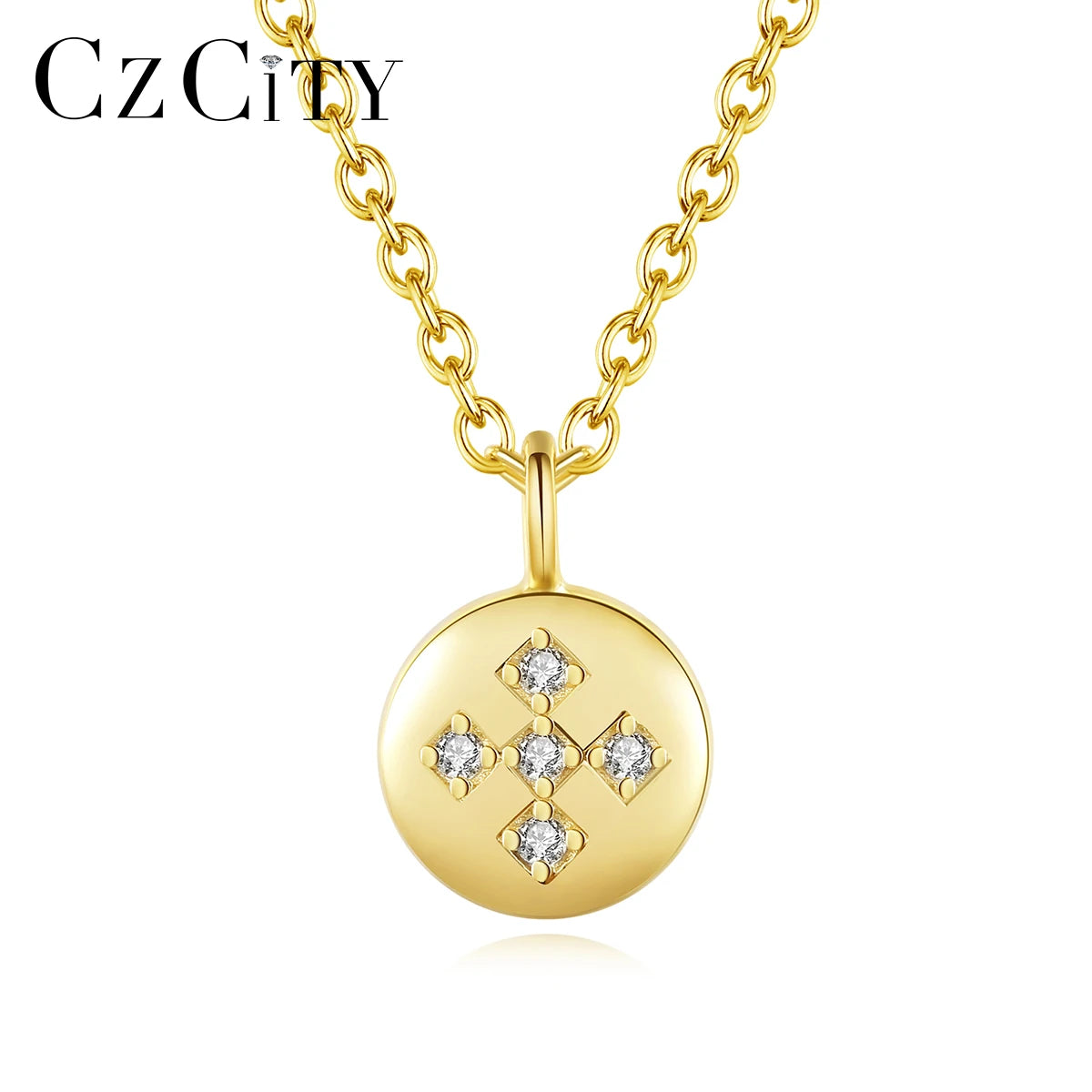 CZCITY Cubic Zirconia Round 925 Sterling Silver Necklace Pendant Coin Necklace Gold Plated