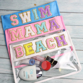 Personalized Waterproof Pvc Zipper Toiletry Bag Transparent Chenille Letter Patches Makeup Organizer Bag Clear Cosmetic Bag