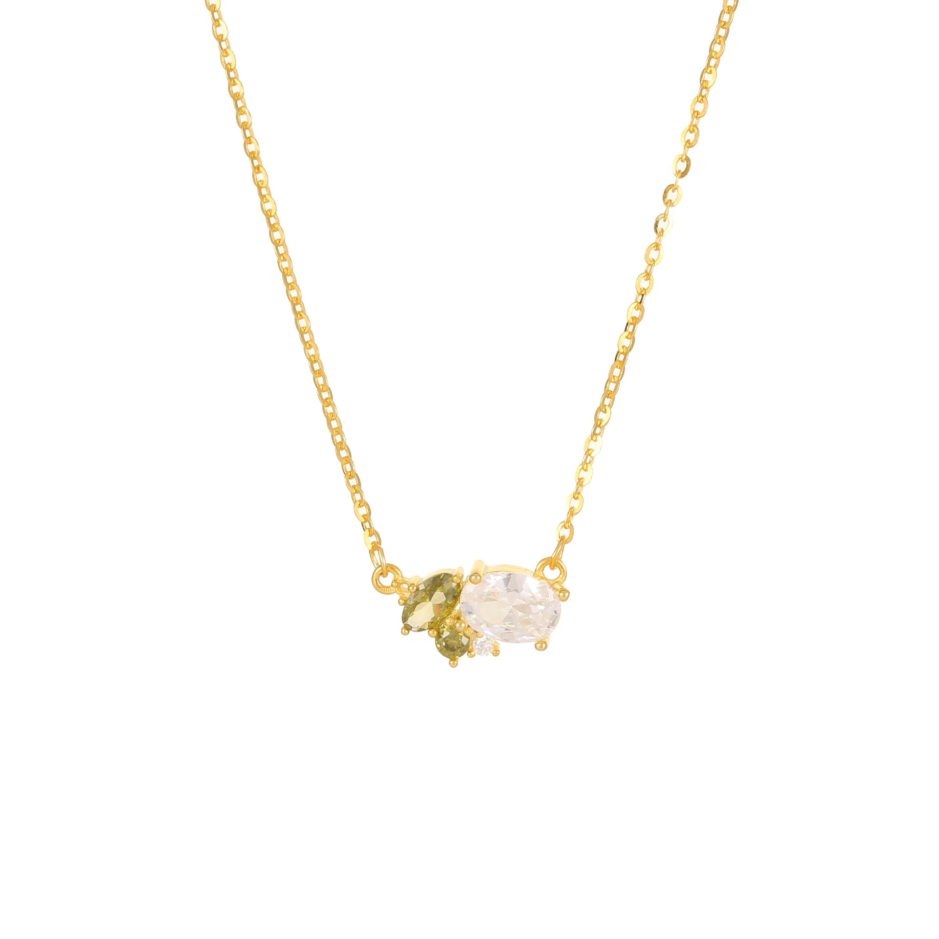 Fashion Jewelry 925 Sterling Silver Geometric Olive Colored Oval Shape Diamond Zircon Pendant Gold Plated Necklaces Women