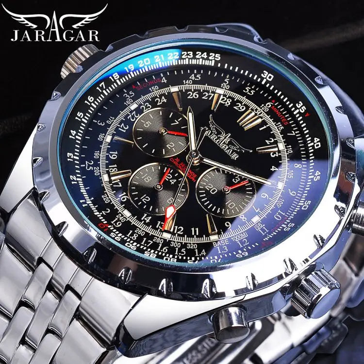 JARAGAR JAG6905 Big Dial Automatic Watch Complete Calendar Silver Stainless Steel Luminous Business Sport Mechanical Date Clock
