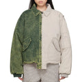 Vintage Acid Washed Two Tone Patchwork Puffer Denim Jacket Zip Split Cotton Filling Oversize Bomber