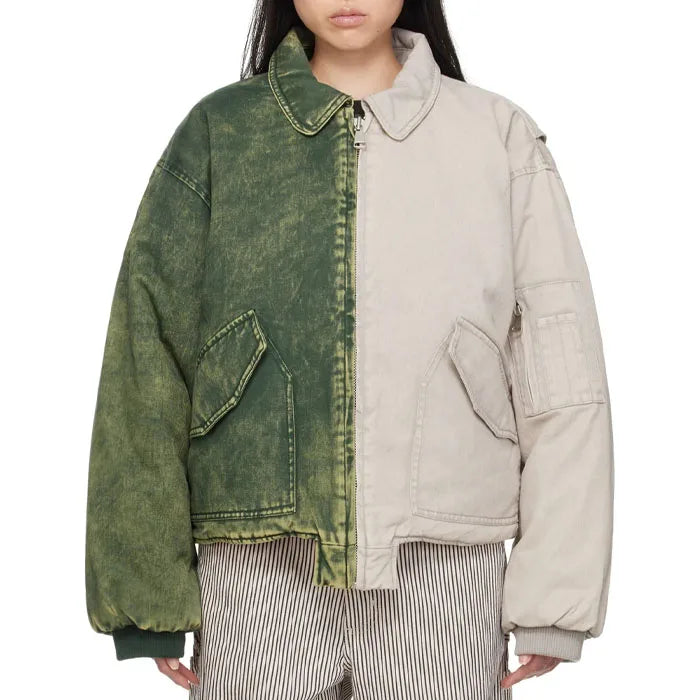 Vintage Acid Washed Two Tone Patchwork Puffer Denim Jacket Zip Split Cotton Filling Oversize Bomber