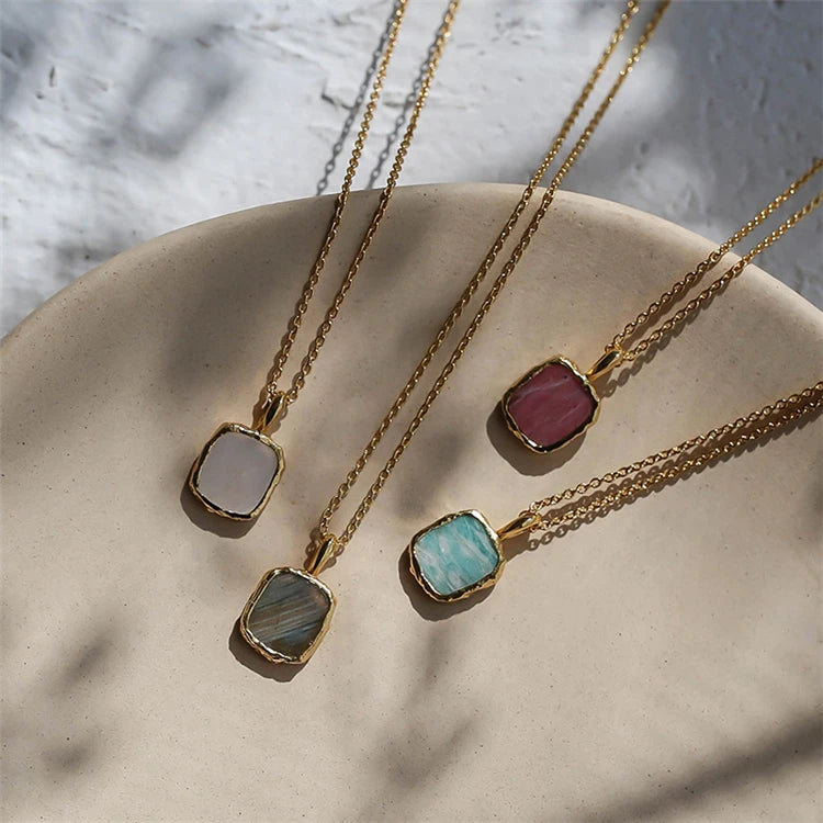 Aimgal Vintage Square Pendant Necklace Colourful Natural Stone in 18K Gold Plated S925 Silver for Women Fine Jewelry Wholesale