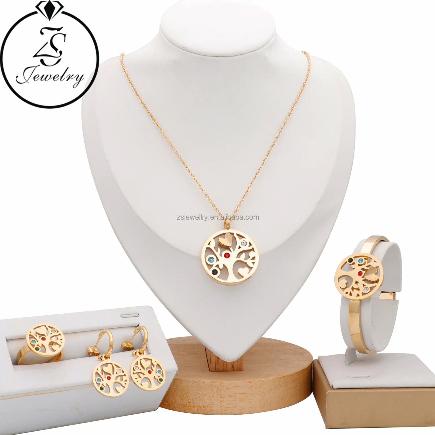 Dubai Fashion Jewelry Tree of Life 2022 New Stainless Steel Bracelets Women Ring 18K Gold Plated Rhinestone Classic Sets