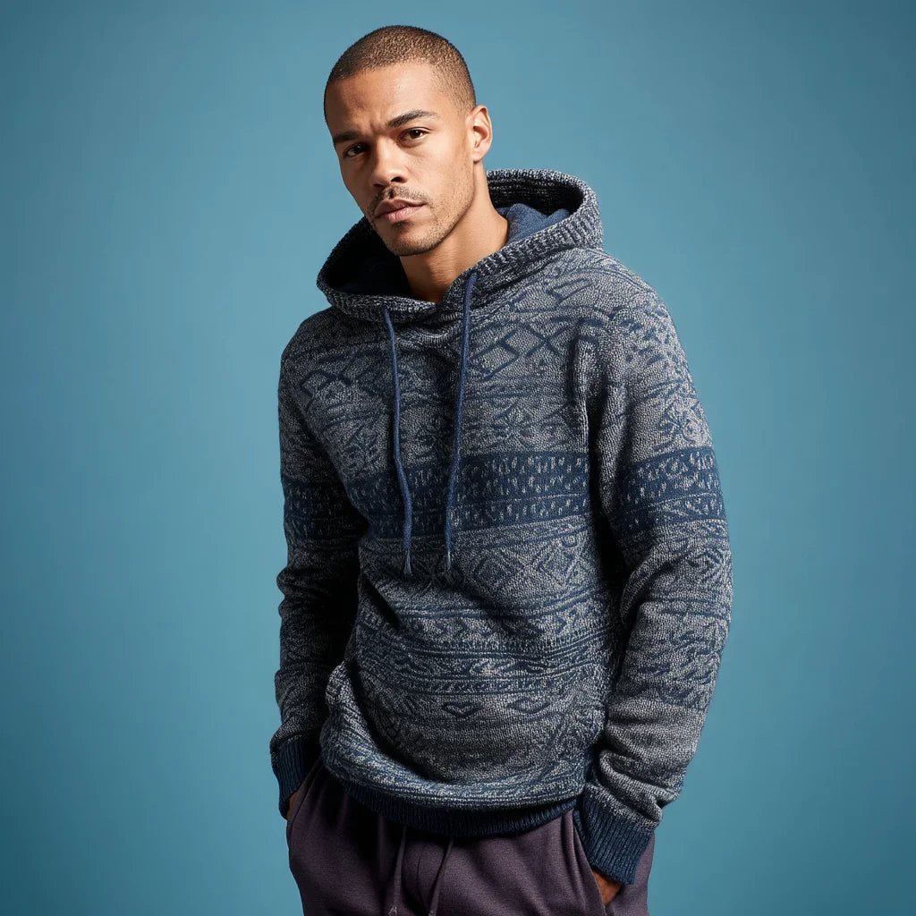 Men's Loose-Fitting Jacquard Knit Pullover Hoodie Patterned Wool Blend Embroidered Hooded Sweater for Autumn Casual Fashion
