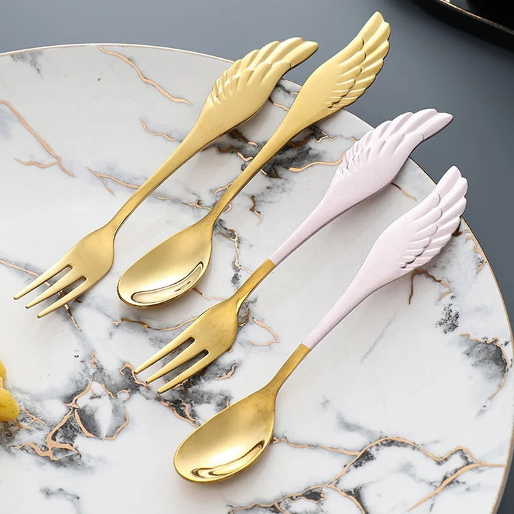 Creative Wing Antler Korean Style Cake Iced Honey Stir Stainless Steel Fork and Spoon for Dessert Wedding Coffee Spoon
