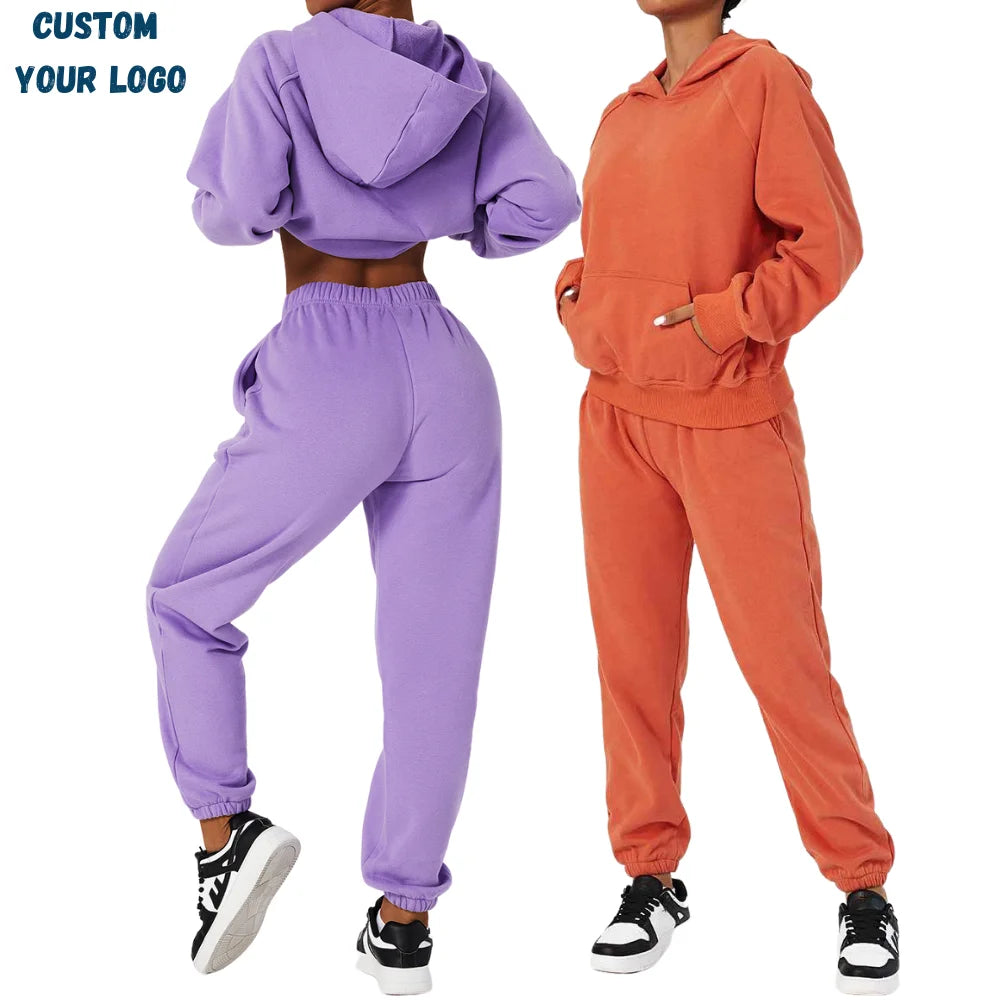 Autumn Winter Outdoor Hooded Loose Sports Casual Sweatshirt Suit Hoodies and Sweat Pants Set for Women