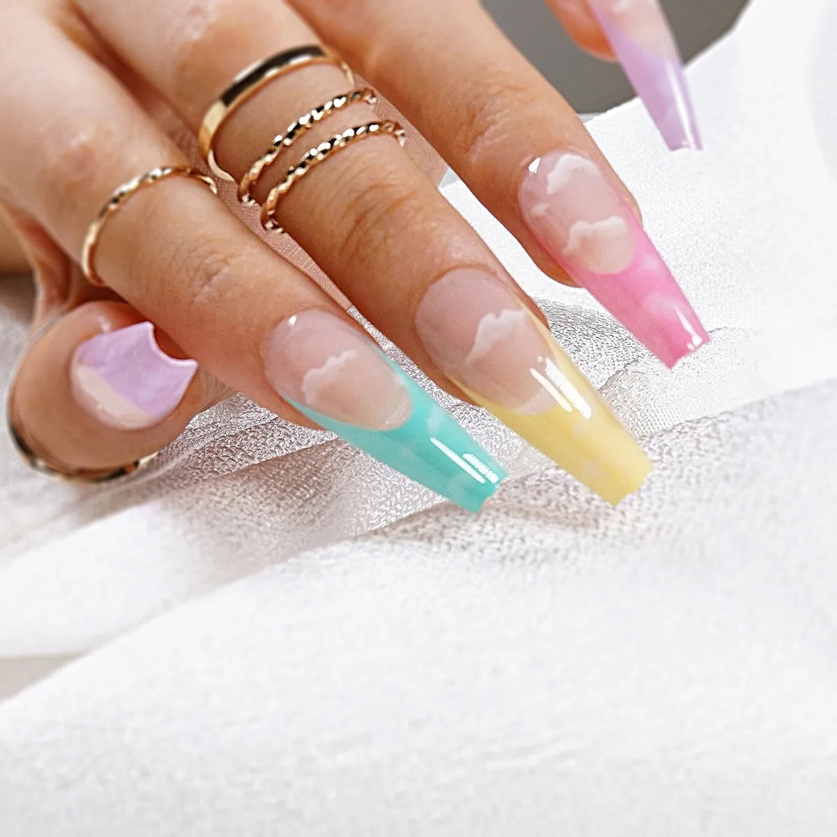 Rainbow French Cloud-like Fluffy Bubbles Spring/Summer Season 24 Pcs Press on Nails False Nails Artificial Fingernails 1123