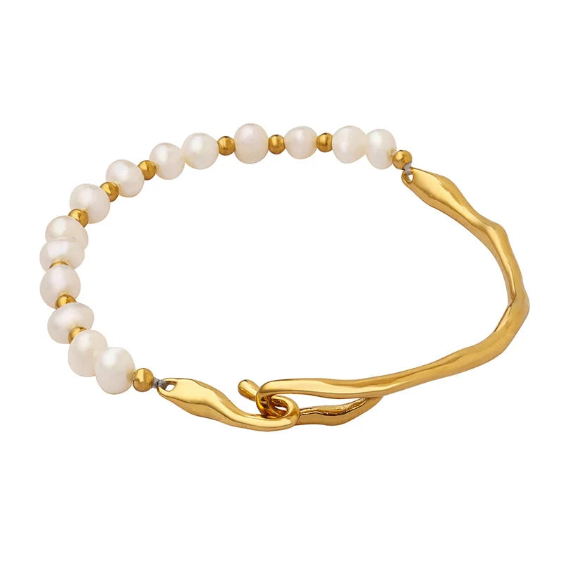 Women Jewelry 18k Gold Plated Stainless Steel Beaded Freshwater Pearl Bangle Bracelets for Party Wedding